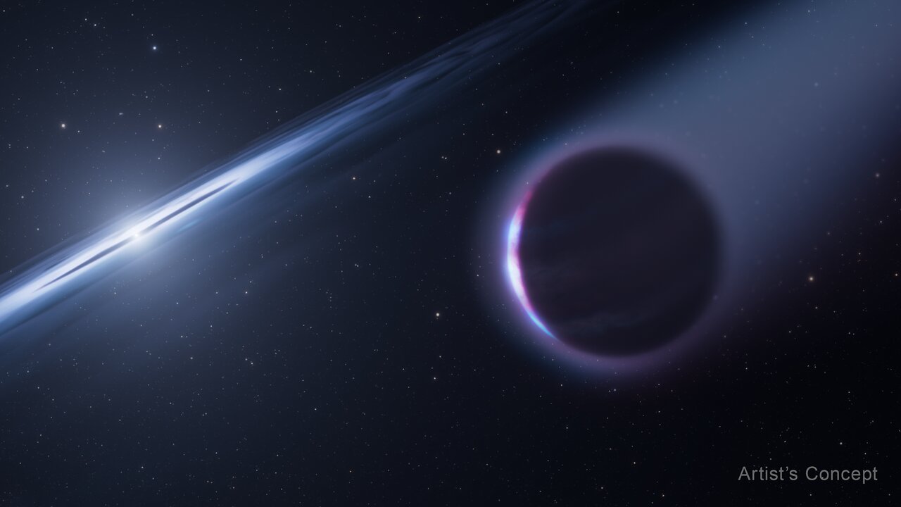 An artist’s concept of a dark gas giant losing material near a bright white dwarf and disk.